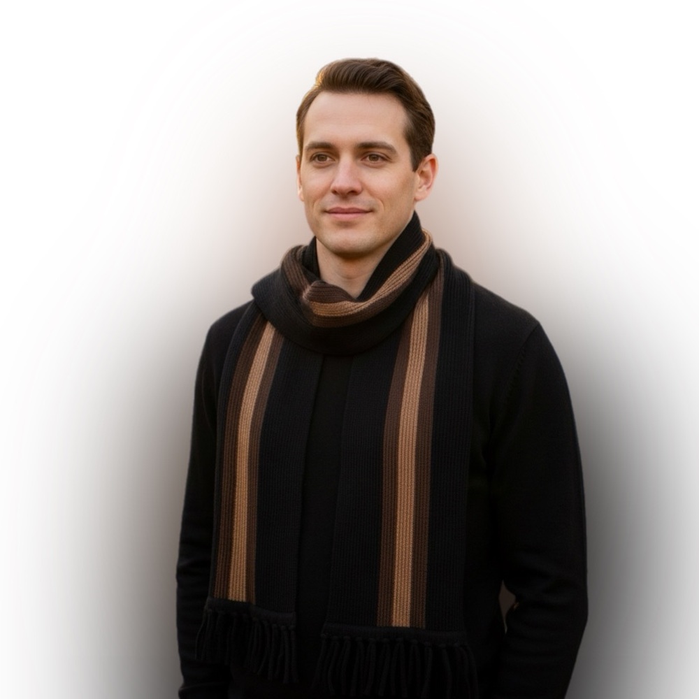 Men's Navy Blue and Brown striped long knitted Scarf